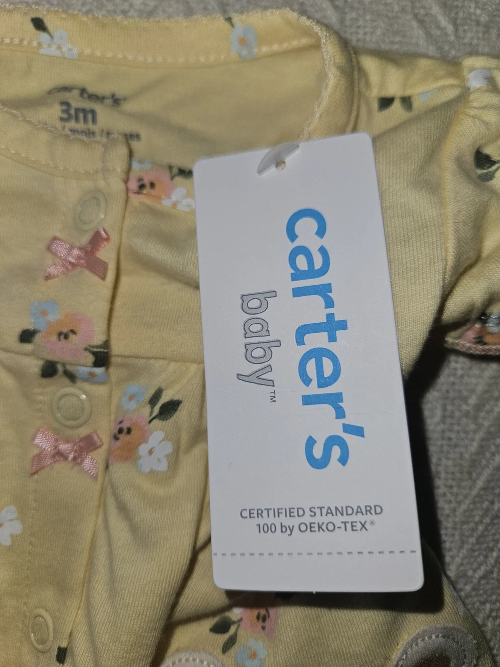 Carter's Yellow Floral Infant Romper with Pink Bow Accents